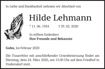 Traueranzeige von Hilde Lehmann von Märkische Oderzeitung
