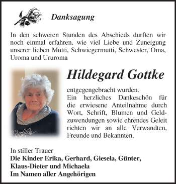 Traueranzeige von Hildegard Gottke von Märkische Oderzeitung