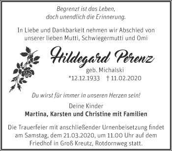 Traueranzeige von Hildegard Perenz von Märkische Oderzeitung