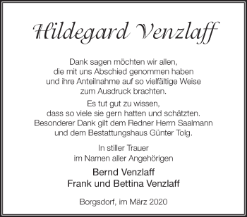 Traueranzeige von Hildegard Venzlaff von Märkische Oderzeitung