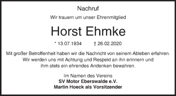 Traueranzeige von Horst Ehmke von Märkische Oderzeitung