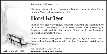 Traueranzeige von Horst Krüger von Märkische Oderzeitung