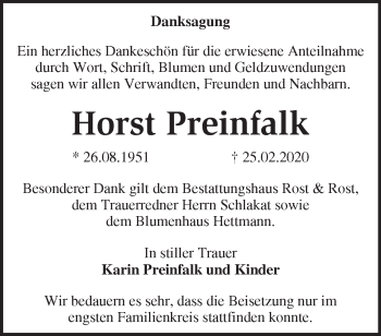 Traueranzeige von Horst Preinfalk von Märkische Oderzeitung