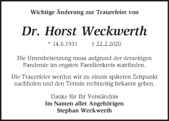 Traueranzeige von Horst Weckwerth von Märkische Oderzeitung
