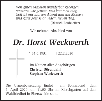 Traueranzeige von Horst Weckwerth von Märkische Oderzeitung