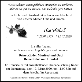 Traueranzeige von Ilse Hübel von Märkische Oderzeitung