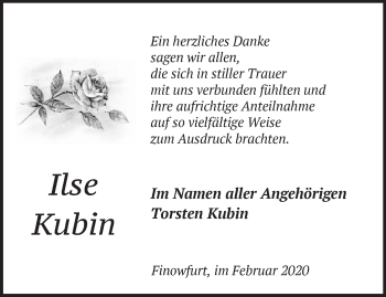 Traueranzeige von Ilse Kubin von Märkische Oderzeitung