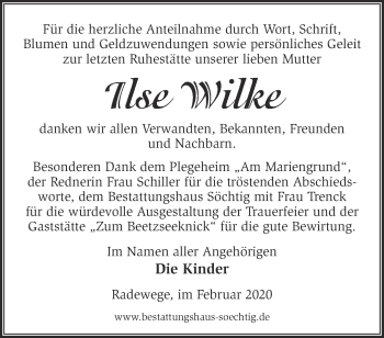 Traueranzeige von Ilse Wilke von Märkische Oderzeitung