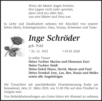 Traueranzeige von Inge Schröder von Märkische Oderzeitung