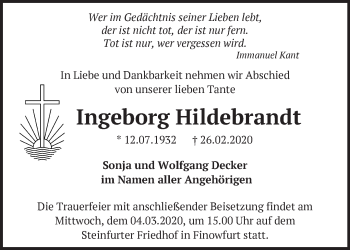 Traueranzeige von Ingeborg Hildebrandt von Märkische Oderzeitung