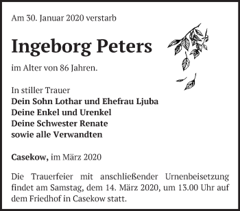 Traueranzeige von Ingeborg Peters von Märkische Oderzeitung