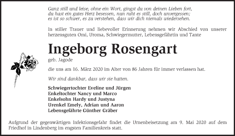  Traueranzeige für Ingeborg Rosengart vom 28.03.2020 aus Märkische Oderzeitung