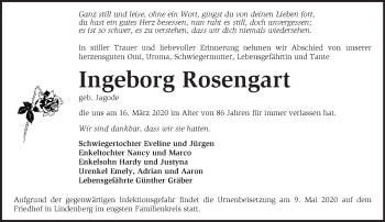 Traueranzeige von Ingeborg Rosengart von Märkische Oderzeitung