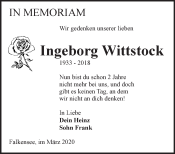 Traueranzeige von Ingeborg Wittstock von Märkische Oderzeitung