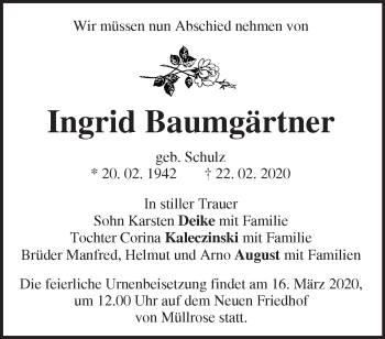 Traueranzeige von Ingrid Baumgärtner von Märkische Oderzeitung