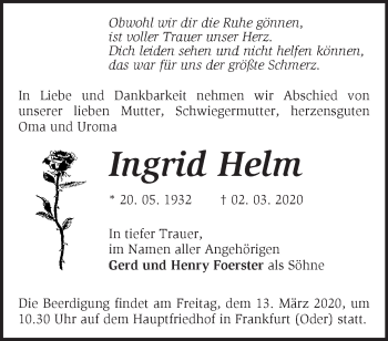 Traueranzeige von Ingrid Helm von Märkische Oderzeitung