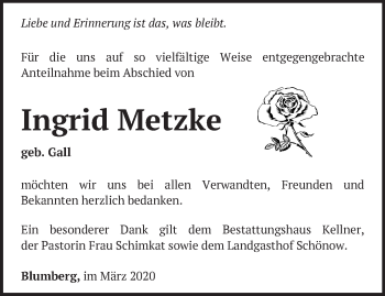 Traueranzeige von Ingrid Metzke von Märkische Oderzeitung