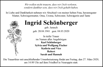 Traueranzeige von Ingrid Schönberger von Märkische Oderzeitung