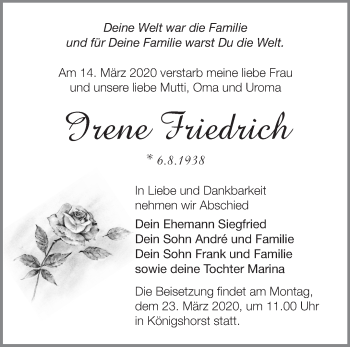 Traueranzeige von Irene Friedrich von Märkische Oderzeitung