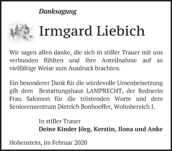 Traueranzeige von Irmgard Liebich von Märkische Oderzeitung