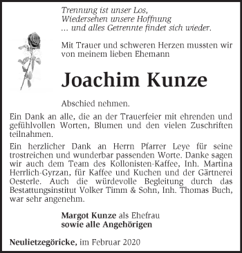 Traueranzeige von Joachim Kunze von Märkische Oderzeitung