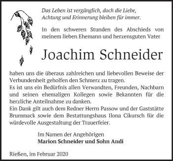 Traueranzeige von Joachim Schneider von Märkische Oderzeitung