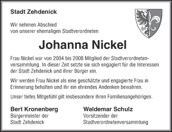 Traueranzeige von Johanna Nickel von Märkische Oderzeitung