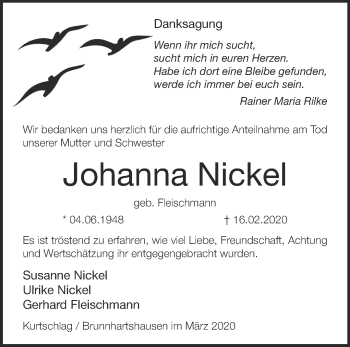 Traueranzeige von Johanna Nickel von Märkische Oderzeitung