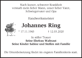 Traueranzeige von Johannes Ring von Märkische Oderzeitung