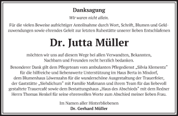Traueranzeige von Jutta Müller von Märkische Oderzeitung