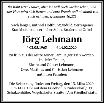 Traueranzeige von Jörg Lehmann von Märkische Oderzeitung