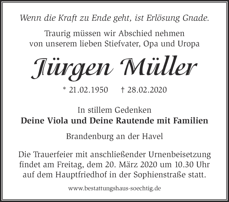  Traueranzeige für Jürgen Müller vom 08.03.2020 aus Märkische Oderzeitung