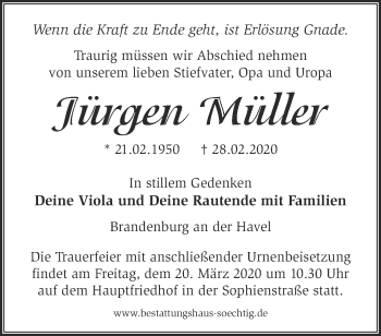 Traueranzeige von Jürgen Müller von Märkische Oderzeitung