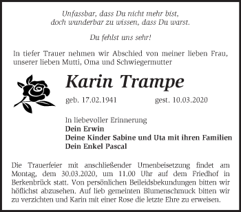 Traueranzeige von Karin Trampe von Märkische Oderzeitung