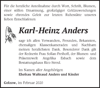 Traueranzeige von Karl-Heinz Anders von Märkische Oderzeitung