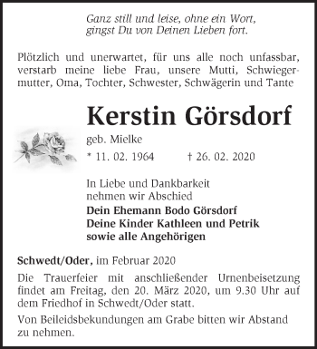 Traueranzeige von Kerstin Görsdorf von Märkische Oderzeitung