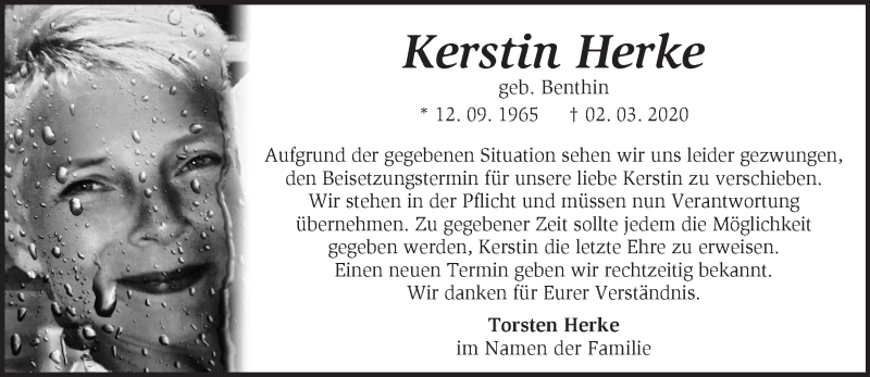  Traueranzeige für Kerstin Herke vom 21.03.2020 aus Märkische Oderzeitung