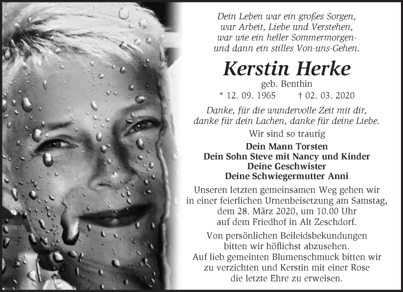  Traueranzeige für Kerstin Herke vom 14.03.2020 aus Märkische Oderzeitung