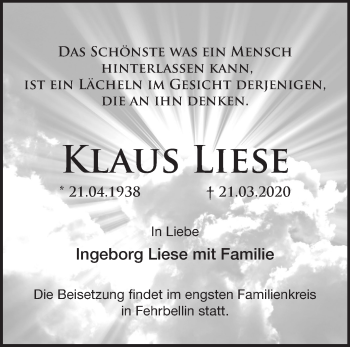 Traueranzeige von Klaus Liese von Märkische Oderzeitung