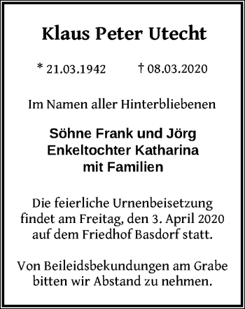 Traueranzeige von Klaus Peter Utecht von Märkische Oderzeitung