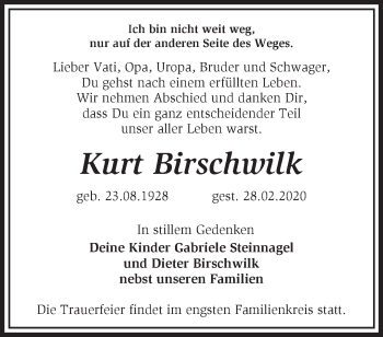 Traueranzeige von Kurt Birschwilk von Märkische Oderzeitung