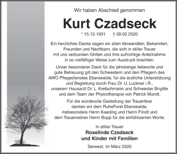 Traueranzeige von Kurt Czadeck von Märkische Oderzeitung