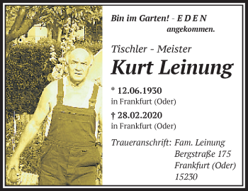 Traueranzeige von Kurt Leinung von Märkische Oderzeitung