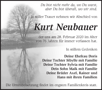 Traueranzeige von Kurt Neubauer von Märkische Oderzeitung