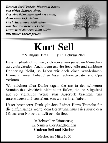 Traueranzeige von Kurt Sell von Märkische Oderzeitung