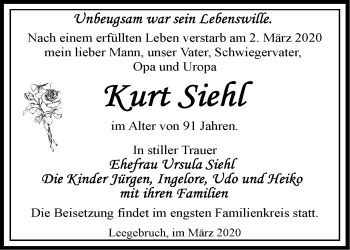 Traueranzeige von Kurt Siehl von Märkische Oderzeitung