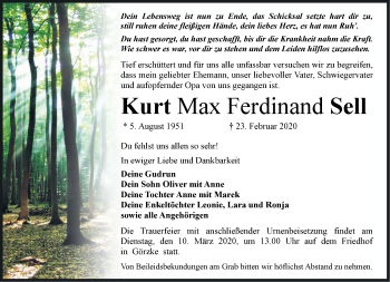Traueranzeige von Kurt Max Ferdinand Sell von Märkische Oderzeitung