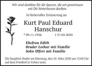 Traueranzeige von Kurt Paul Eduard Hanschur von Märkische Oderzeitung