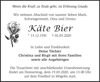 Traueranzeige von Käte Bier von Märkische Oderzeitung