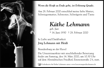 Traueranzeige von Käthe Lehmann von Märkische Oderzeitung